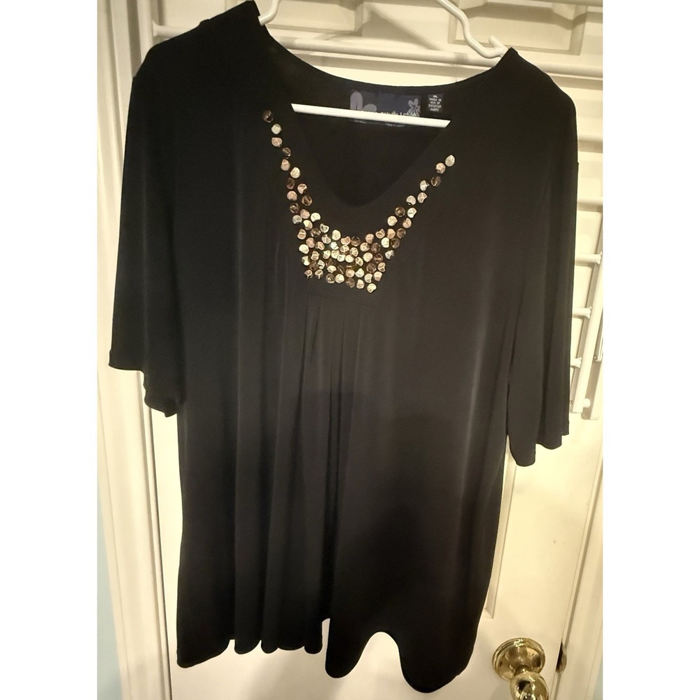 Susan Graver Black Sequined V-Neck Short-Sleeved Blouse Size Xl Liquid Knit
